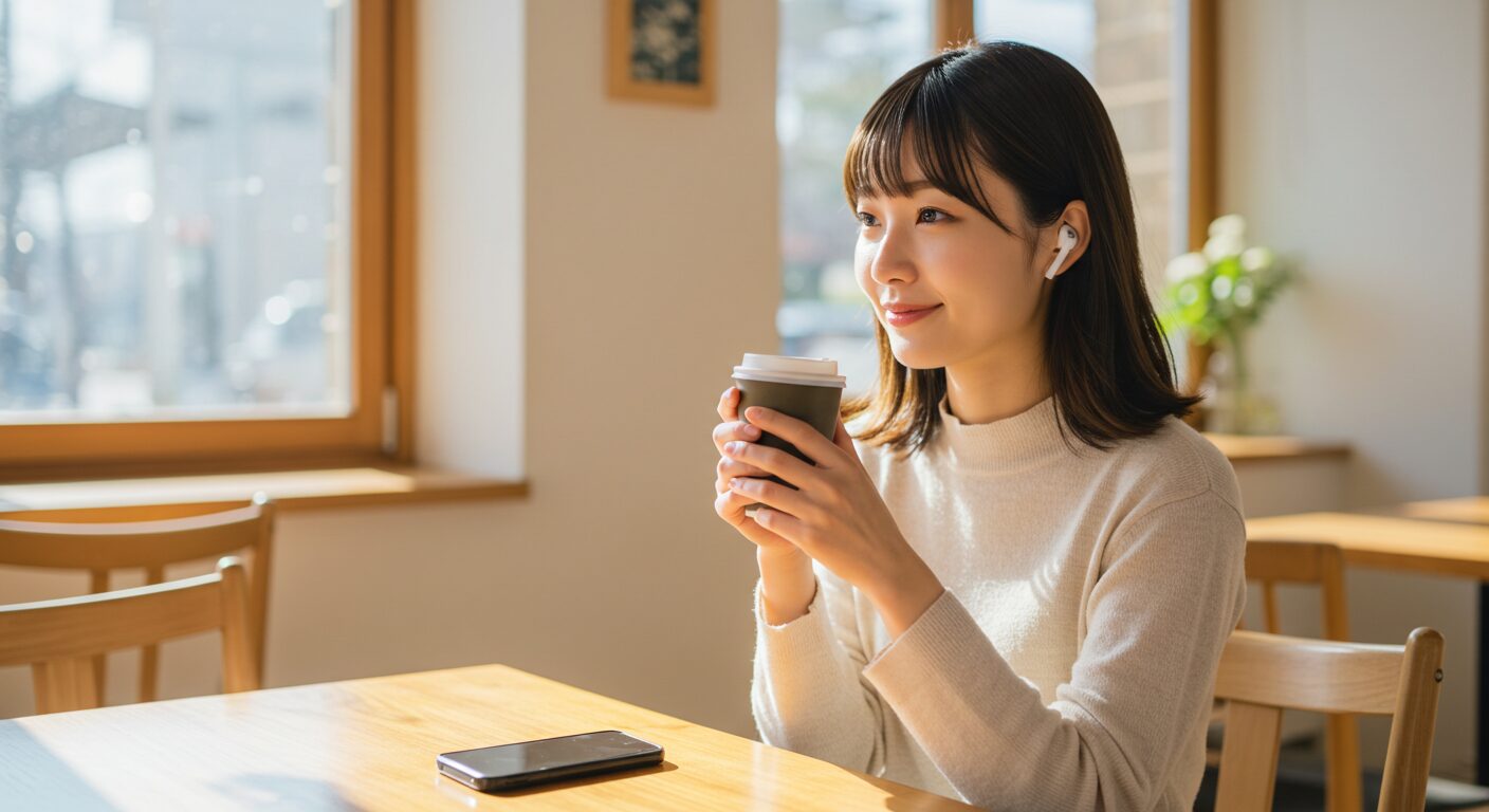 カフェで音楽を楽しんでいる女性